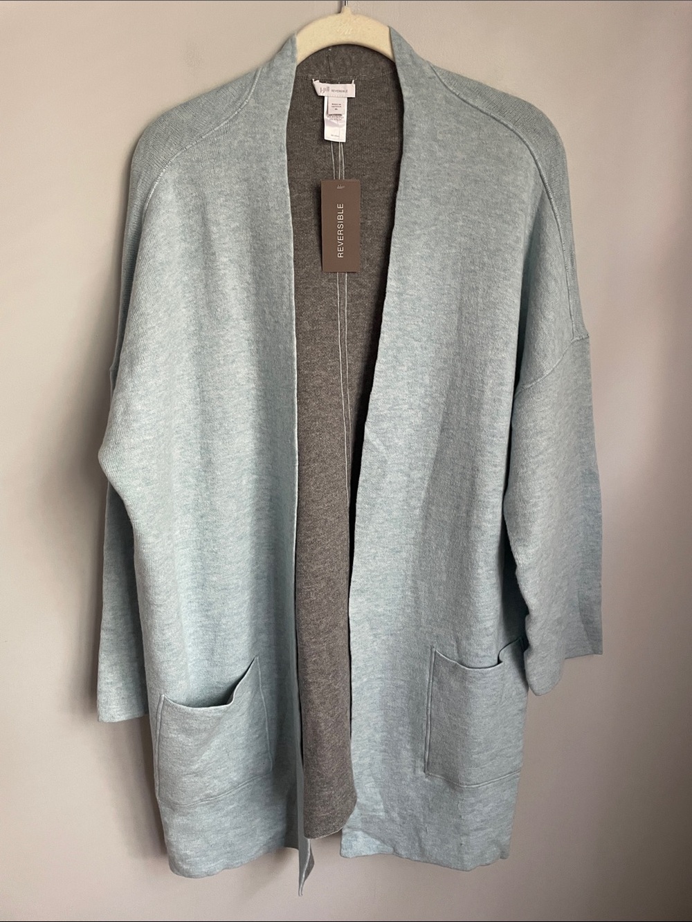 New J. Jill Reversible Cardigan Blue/Gray Cotton Blend Sweater Size XL